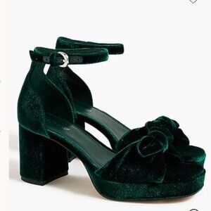 J. Crew Green Velvet bow platform heels